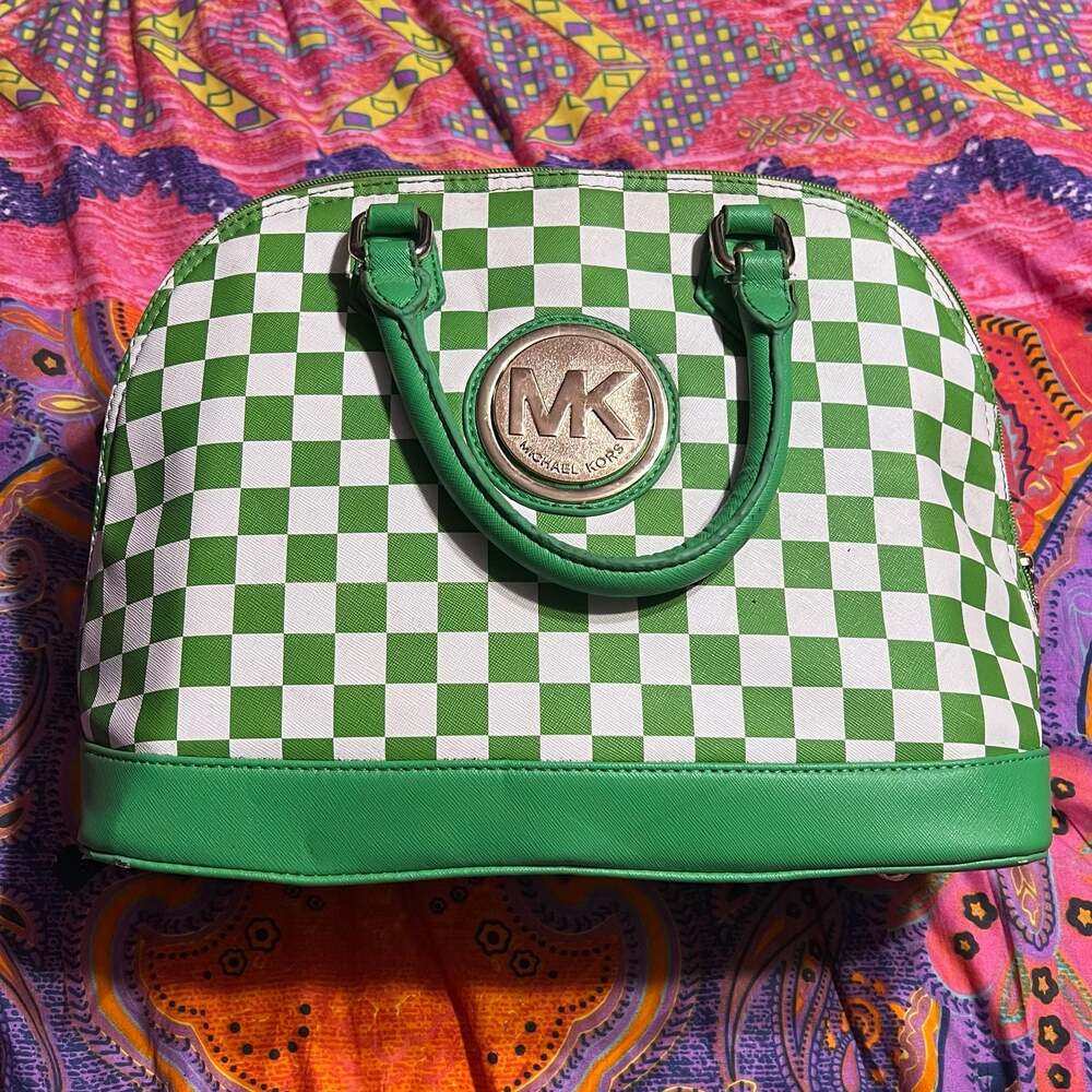 Michael Kors Green and White Checkered Dome Satchel